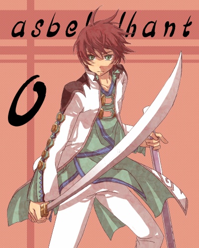 asbel_lhant bad_id bad_pixiv_id brown_hair character_name lowres male_focus red_background shibanashi_miso solo sword tales_of_(series) tales_of_graces weapon
