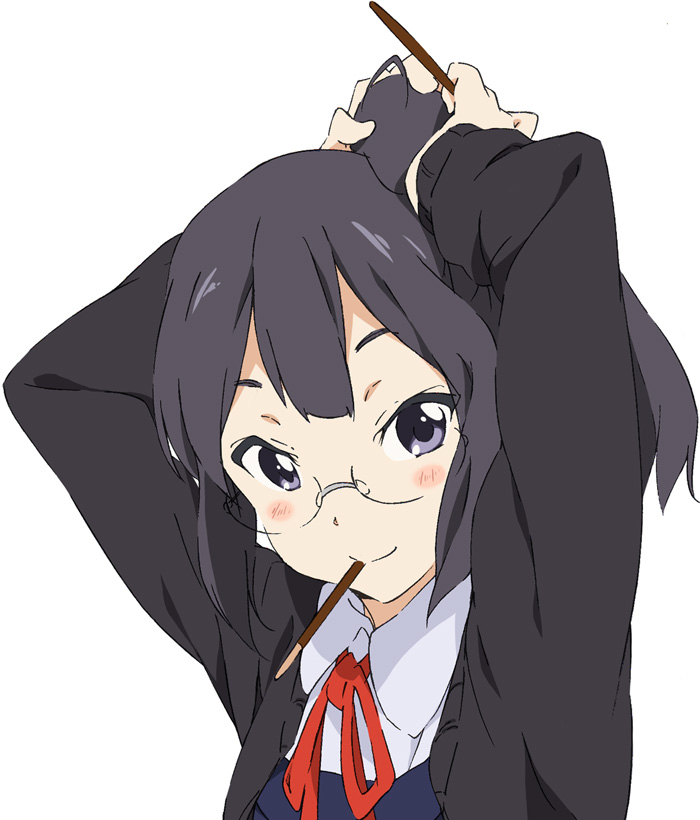 adjusting_hair arms_up asagiri_shiori blush blush_stickers cardigan glasses hair_ornament hair_stick long_hair looking_at_viewer mouth_hold open_cardigan open_clothes school_uniform simple_background smile solo tamako_market tying_hair umanosuke upper_body white_background