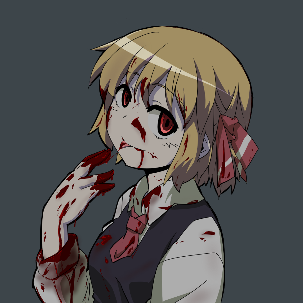 blonde_hair blood blood_from_mouth blood_on_face blood_on_fingers blood_stain bloody_clothes hair_ribbon hihachi licking ribbon rumia short_hair smile tongue tongue_out touhou