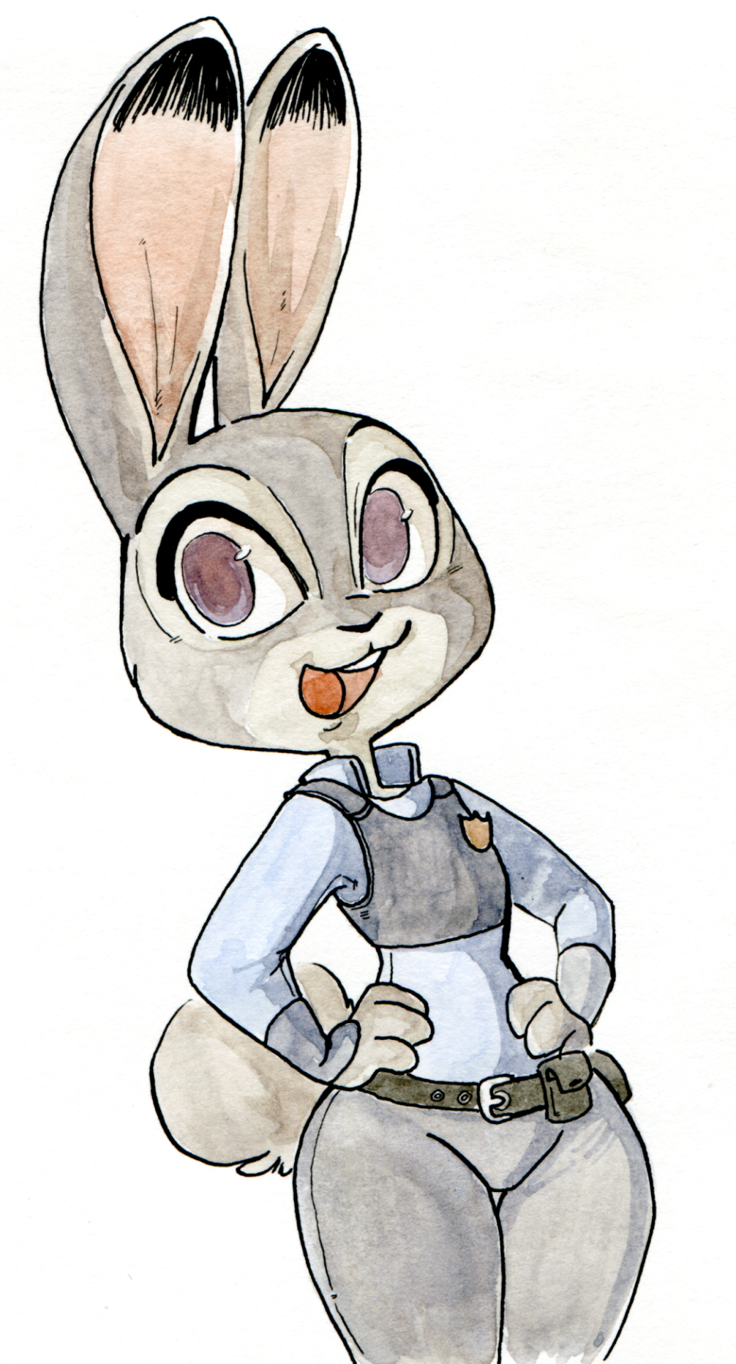 briskby clothing disney female happy hi_res judy_hopps lagomorph mammal police_uniform rabbit simple_background smile solo traditional_media_(artwork) uniform watercolor_(artwork) white_background zootopia