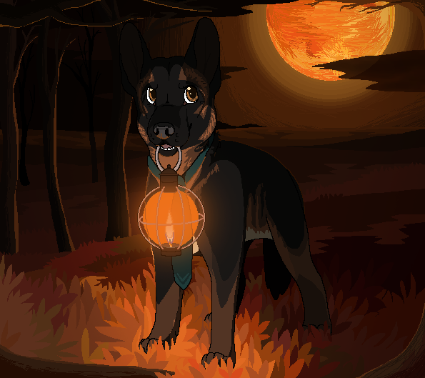 2014 aliasing ambiguous_gender autumn black_body black_fur bluekyokitty brown_body brown_eyes brown_fur brown_inner_ear canid canine canis cel_shading detailed_background digital_drawing_(artwork) digital_media_(artwork) digitigrade domestic_dog feral full-length_portrait fur glistening glistening_eyes glowing grass grey_nose holding_in_mouth holding_lantern lamp lantern mammal moon necktie night object_in_mouth orange_moon orange_theme outside paws plant portrait sebdoggo shaded sky snout solo standing tail teal_necktie teeth tree