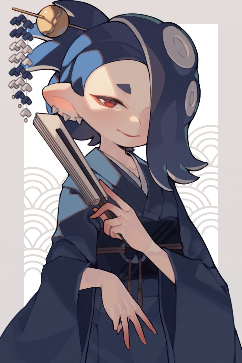 2:3 accessory anthro asian_clothing biped blue_clothing blue_hair cephalopod clothing colored ear_piercing east_asian_clothing female hair hair_accessory hair_sticks hand_fan hi_res holding_object japanese_clothing kimono looking_at_viewer marine mollusk nintendo octarian octoling one_eye_obstructed piercing prat-rat pseudo_hair red_eyes shiver_(splatoon) simple_background smile solo splatoon tentacle_hair tentacles white_background