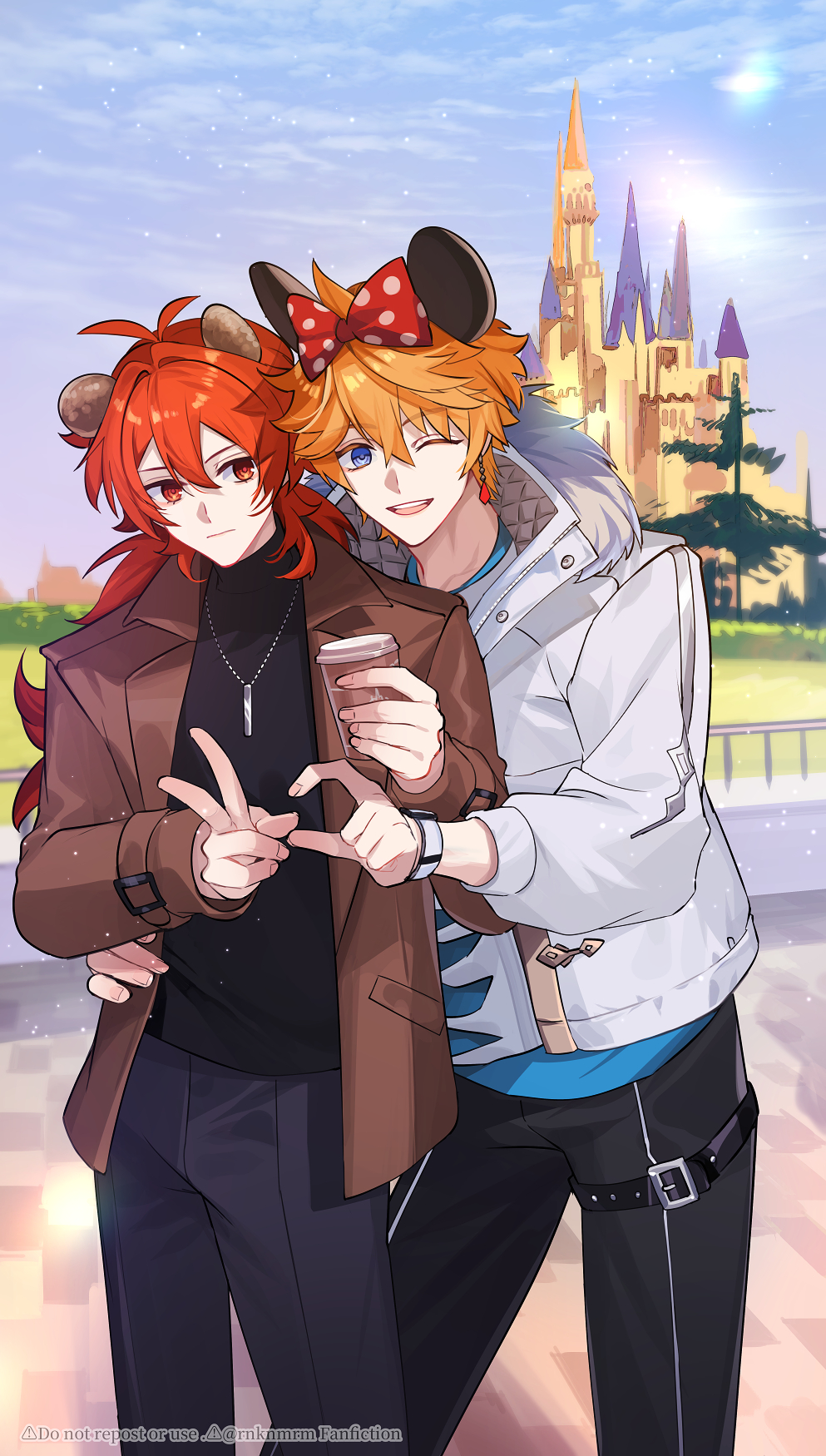 2boys alternate_costume animal_ears black_pants black_shirt blue_eyes bow brown_jacket closed_mouth diluc_(genshin_impact) disneyland earrings fake_animal_ears fur-trimmed_jacket fur_trim genshin_impact hair_between_eyes hair_bow heart_hands_failure highres hiki_yuichi jacket jewelry long_hair long_sleeves male_focus mickey_mouse_ears minnie_mouse_ears multiple_boys necklace one_eye_closed open_mouth orange_hair pants red_bow red_eyes red_hair shirt short_hair single_earring smile tartaglia_(genshin_impact) tartaglia_(xiaomi)_(genshin_impact) v white_jacket