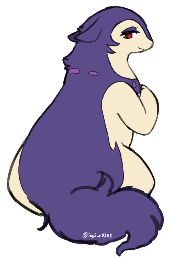 2023 ears_down female feral fur hisuian_form hisuian_typhlosion ingi kemono looking_at_viewer looking_back looking_back_at_viewer nintendo pivoted_ears pokemon pokemon_(species) purple_body purple_fur rear_view regional_form_(pokemon) simple_background sitting solo tan_body tan_fur white_background