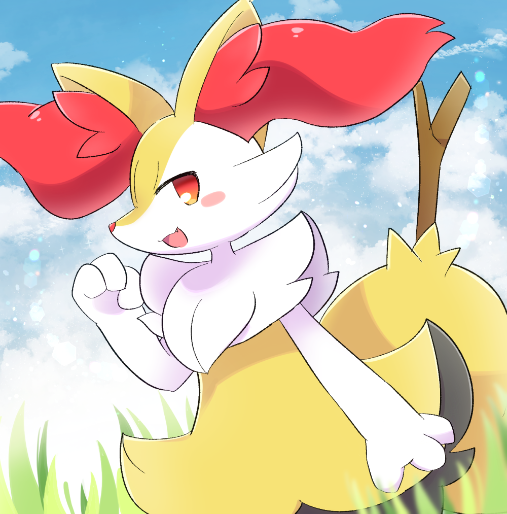1girl :3 animal_ear_fluff animal_ears animal_hands animal_nose arm_at_side black_fur blue_sky blush blush_stickers body_fur braixen cloud commentary day fang flat_chest fox_ears fox_girl fox_tail grass hand_up happy lens_flare looking_at_viewer multicolored_fur neck_fur open_mouth outdoors pokemon pokemon_(creature) red_eyes sky smile snout solo standing stick tail unimaru_(unimaru9751137) white_fur yellow_fur