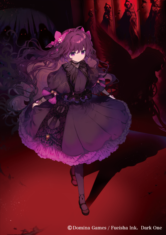 1girl ahoge brown_footwear closed_mouth commentary_request cyawa dark_one different_shadow dress filvia_(dark_one) flower frilled_dress frills hair_between_eyes hair_flower hair_ornament long_hair official_art pantyhose pink_flower puffy_short_sleeves puffy_sleeves purple_dress purple_eyes purple_hair purple_pantyhose shoes short_sleeves skirt_hold solo very_long_hair walking