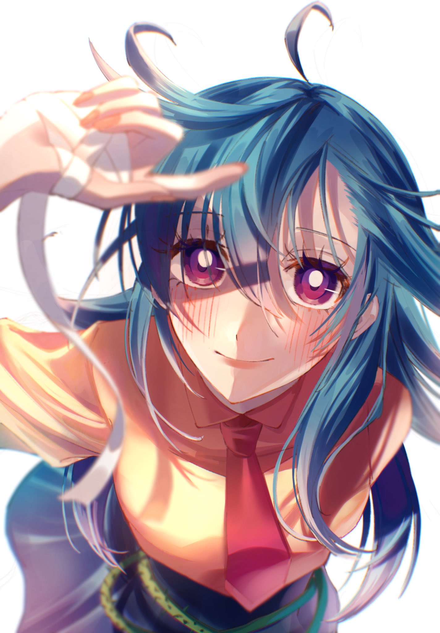1girl ado_(utaite) ahoge bandaged_hand bandages blue_hair blush closed_mouth cloud_nine_inc collared_shirt commentary_request hair_between_eyes hand_up highres long_hair looking_at_viewer nail_polish necktie orange_nails orange_shirt purple_eyes red_necktie shading_face shirt simple_background solo spica_(spica5f9ea0) white_background