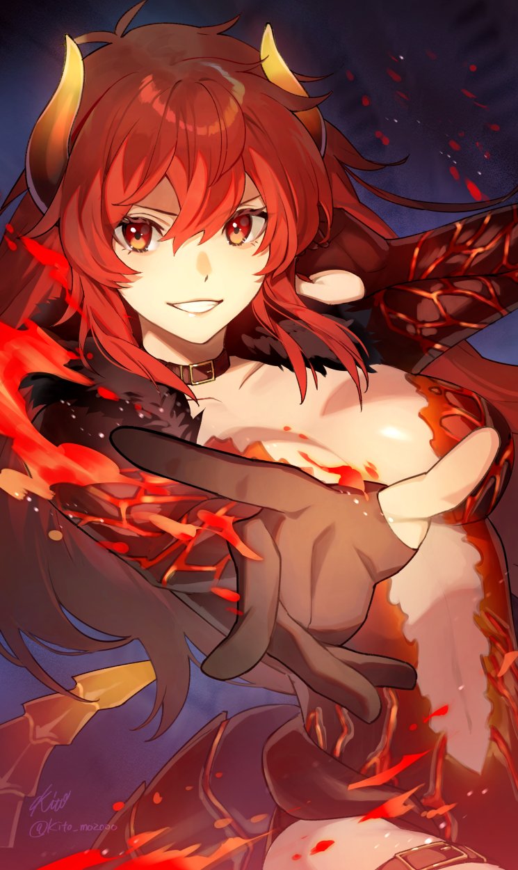 1girl black_gloves breasts dola_(1st_costume)_(nijisanji) dola_(nijisanji) dragon_horns dragon_tail gloves gradient_horns grin highres horns kito_(kito_mozooo) large_breasts long_hair multicolored_horns nijisanji partially_fingerless_gloves red_eyes red_hair smile solo tail virtual_youtuber