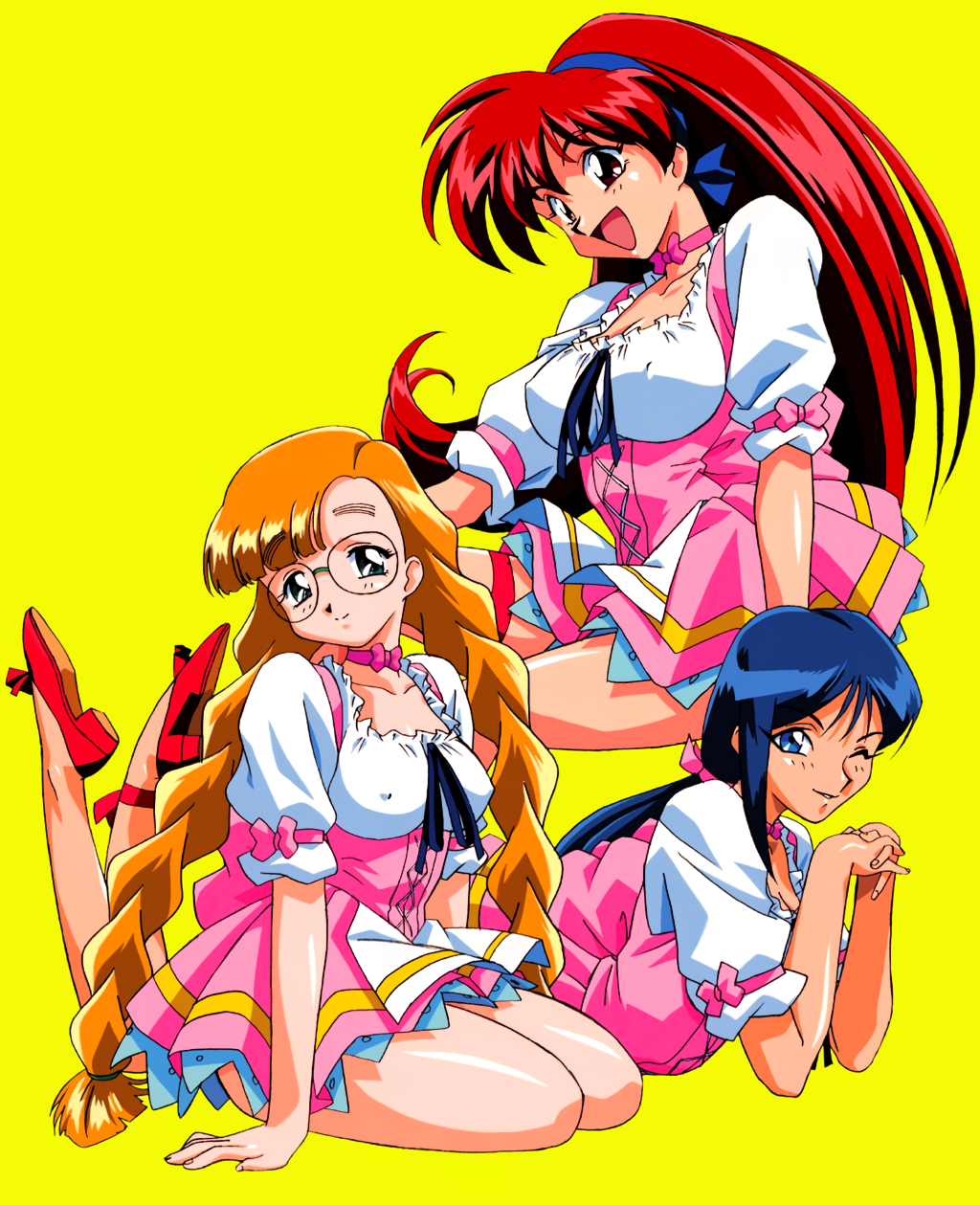 3girls akira_(viper) asymmetrical_bangs blonde_hair blue_eyes blue_hair braid breasts covered_nipples highres interlocked_fingers invisible_chair karin_(viper) kimura_takahiro large_breasts long_hair looking_at_viewer low_ponytail medium_breasts multiple_girls non-web_source open_mouth own_hands_together red_eyes red_hair round_eyewear saki_(viper) semi-rimless_eyewear simple_background sitting smile stomach twin_braids underbust very_long_hair viper viper_v16 yellow_background yokozuwari