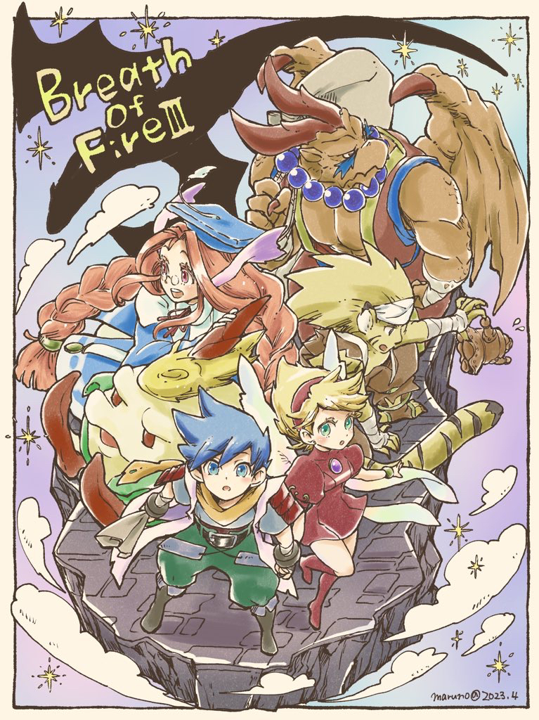 2023 2girls 2others 3boys animal_ears armor artist_name bandaged_arm bandages bandana bead_necklace beads beak belt blonde_hair blue_dress blue_eyes blue_hair blue_headwear braid breastplate breath_of_fire breath_of_fire_iv brown_eyes brown_footwear brown_horns cat_boy cat_ears cat_tail clenched_hand closed_mouth cloud coat colored_skin copyright_name dated dragon dragon_boy dragon_wings dress facial_mark feathered_wings flying_sweatdrops full_body garr glasses green_eyes green_pants hat headband holding holding_sack honey_(breath_of_fire) horns jewelry long_hair looking_at_another looking_at_viewer looking_to_the_side maruno momo_(breath_of_fire) mortarboard multiple_boys multiple_girls multiple_others muscular muscular_male necklace nina_(breath_of_fire_iii) no_shirt open_mouth orange_skin pants parted_lips peco_(breath_of_fire) plant purple_brooch red_dress red_footwear red_hair red_headband rei_(breath_of_fire) robot ryuu_(breath_of_fire_iii) sack shadow short_hair single_horn sky smile standing star_(symbol) striped tail tassel teeth toeless_footwear twin_braids upper_teeth_only very_long_hair vest white_coat wings