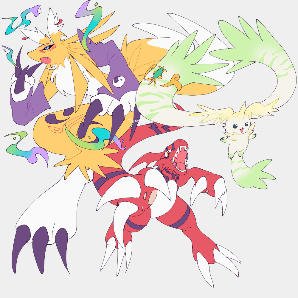 2_tails ambiguous_gender anthro armwear bandai_namco black_sclera claws clothing digimon digimon_(species) fur group guilmon_x multi_tail multicolored_body multicolored_fur open_mouth pg_enaena red_body red_eyes red_scales renamon_x scales tail terriermon_x trio tuft two_tone_body two_tone_fur white_body white_fur x-digimon yellow_body yellow_fur