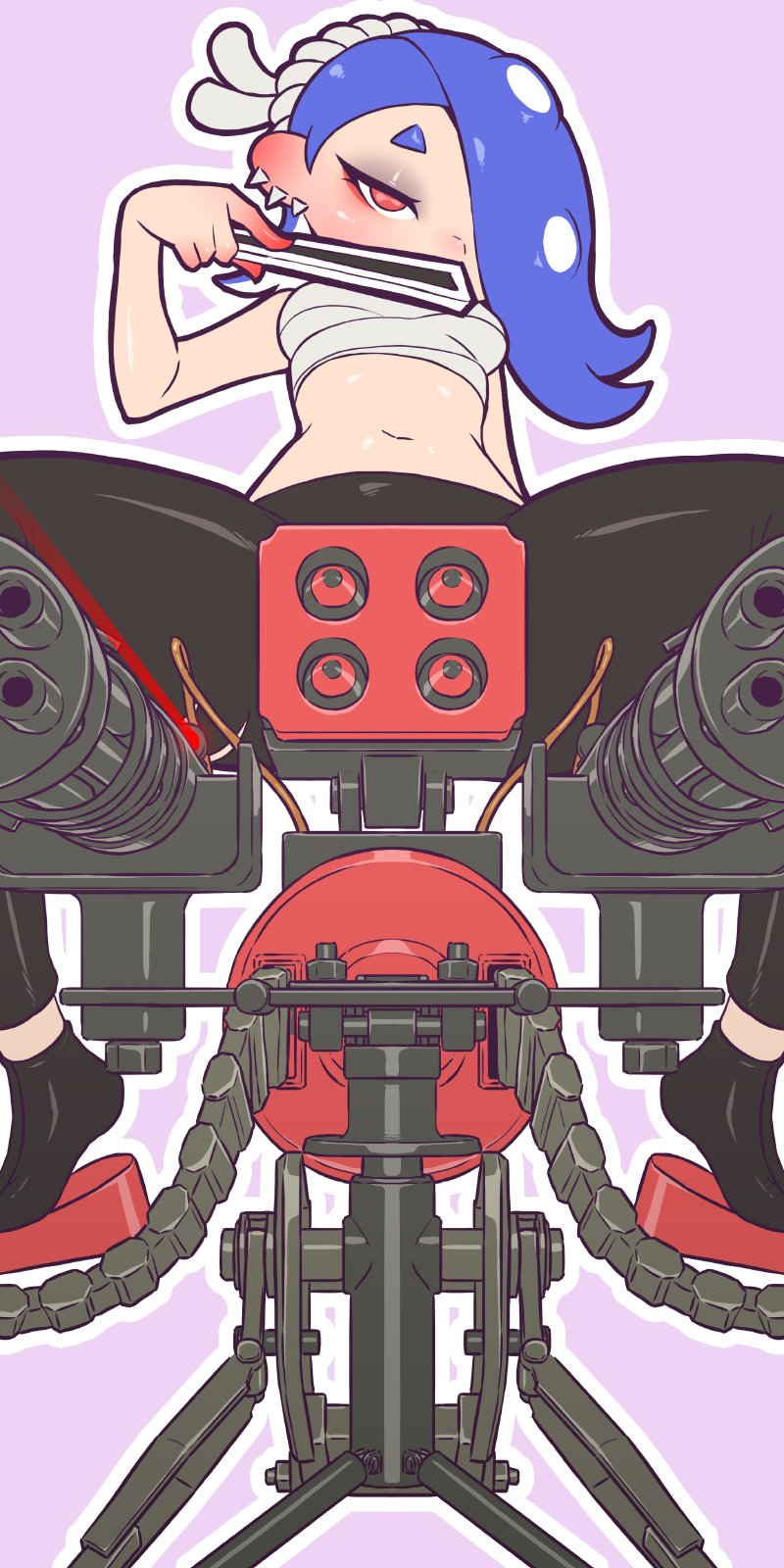 1girl black_pants blue_hair cephalopod_eyes chest_sarashi commentary covering_face english_commentary eyeliner hachimaki hair_over_one_eye hand_fan headband highres makeup mike_inel navel nejiri_hachimaki octarian outline pants pink_background red_eyeliner red_eyes sarashi sentry shiver_(splatoon) simple_background solo splatoon_(series) splatoon_3 suction_cups team_fortress_2 tentacle_hair tooth_earrings white_outline