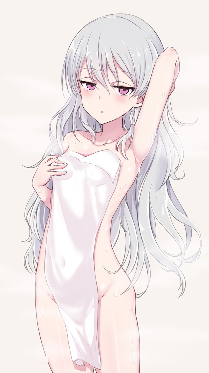 1girl arm_up armpits darker_than_black grey_hair hair_between_eyes highres light_blush long_hair looking_at_viewer naked_towel nonono_(mino) open_mouth purple_eyes simple_background solo standing towel wet white_background yin_(darker_than_black)