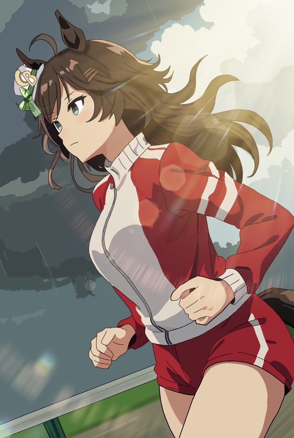 1girl ahoge animal_ears bakuran404 blue_eyes brown_hair clenched_hands cloud cloudy_sky commentary_request cowboy_shot grey_sky hair_ornament hairclip hat highres horse_ears horse_girl horse_tail jacket long_sleeves mini_hat mini_top_hat mr._c.b._(umamusume) outdoors red_jacket red_shorts running shorts sky solo tail top_hat tracen_training_uniform track_jacket umamusume white_headwear