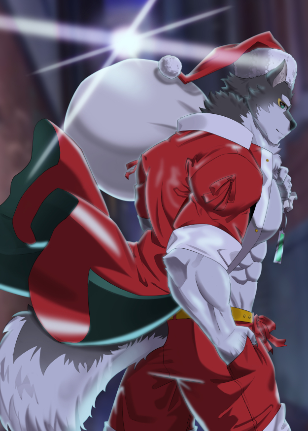 abs anthro black_and_white_fur canid canine canis christmas christmas_clothing christmas_headwear clothing domestic_dog gift_bag grausummon hat headgear headwear holidays husky lifewonders live_a_hero male mammal monomasa muscular muscular_anthro muscular_male nordic_sled_dog pecs santa_hat shirtless solo spitz