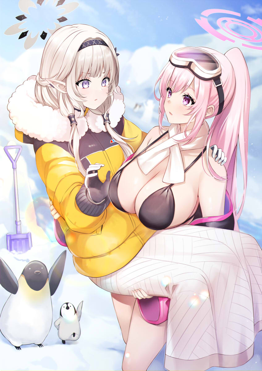 2girls animal bird black_hairband blue_archive breasts cleavage eimi_(blue_archive) eimi_(swimsuit)_(blue_archive) goggles goggles_on_head hairband halo himari_(blue_archive) large_breasts long_hair long_sleeves mashiro_aa multiple_girls official_alternate_costume parted_lips penguin pink_hair pink_halo pointy_ears ponytail purple_eyes scarf shovel striped striped_hairband very_long_hair white_hair white_scarf yellow_scarf
