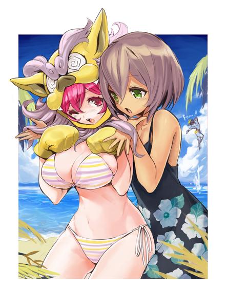 1boy 2girls bare_arms bare_shoulders beach bikini black_dress blue_sky breasts brown_hair character_request check_character check_copyright cloud collarbone colored_eyelashes copyright_request cowboy_shot dark-skinned_female dark_skin day dragon_hat dress eyelashes floral_print grace_(sound_voltex) green_eyes hand_in_another's_hair kijimoto_yuuhi large_breasts looking_at_another male_swimwear multicolored_bikini multicolored_clothes multiple_girls muscular muscular_male ocean one_eye_closed open_mouth outdoors palm_leaf palm_tree pink_eyes pink_hair purple_bikini ribbon short_hair sky sleeveless sleeveless_dress sound_voltex spaghetti_strap splashing striped striped_bikini sundress swimsuit teeth tree upper_teeth_only white_background white_bikini white_ribbon yellow_bikini yellow_male_swimwear