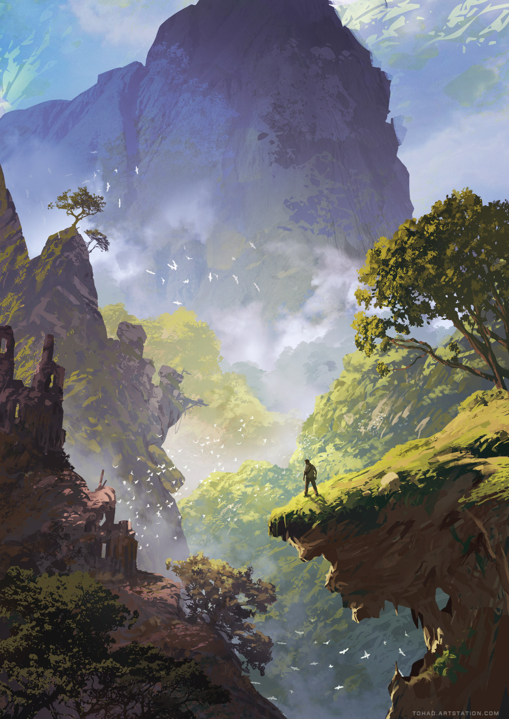 1boy above_clouds artist_name artstation_username cliff cloud commentary day english_commentary grass highres landscape mountain original outdoors scenery simple_bird solo sylvain_sarrailh tree very_wide_shot