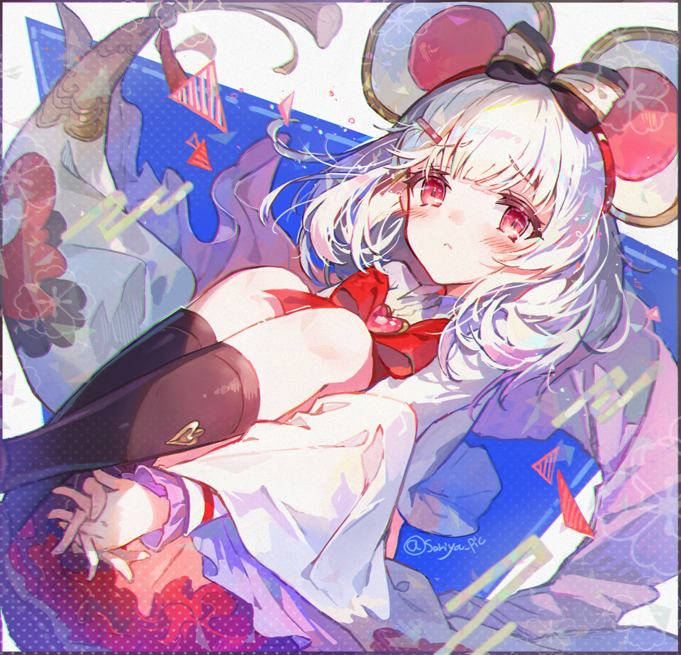 1girl :c animal_ears arm_behind_leg black_socks blue_background blush bow bowtie brooch commentary_request feet_out_of_frame frown granblue_fantasy heart heart_brooch hugging_own_legs jewelry kneehighs long_sleeves looking_at_viewer mouse_ears red_bow red_bowtie red_eyes red_skirt shirt short_hair simple_background skirt socks solo soriya twitter_username vikala_(granblue_fantasy) white_background white_hair white_shirt wide_sleeves