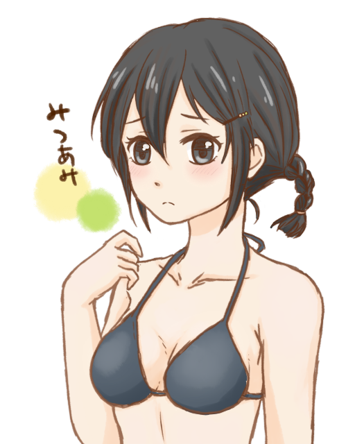 1girl bikini black_bikini black_hair blue_eyes breasts inaba_himeko kokoro_connect kuroeri_(primelo) short_hair solo string_bikini swimsuit upper_body