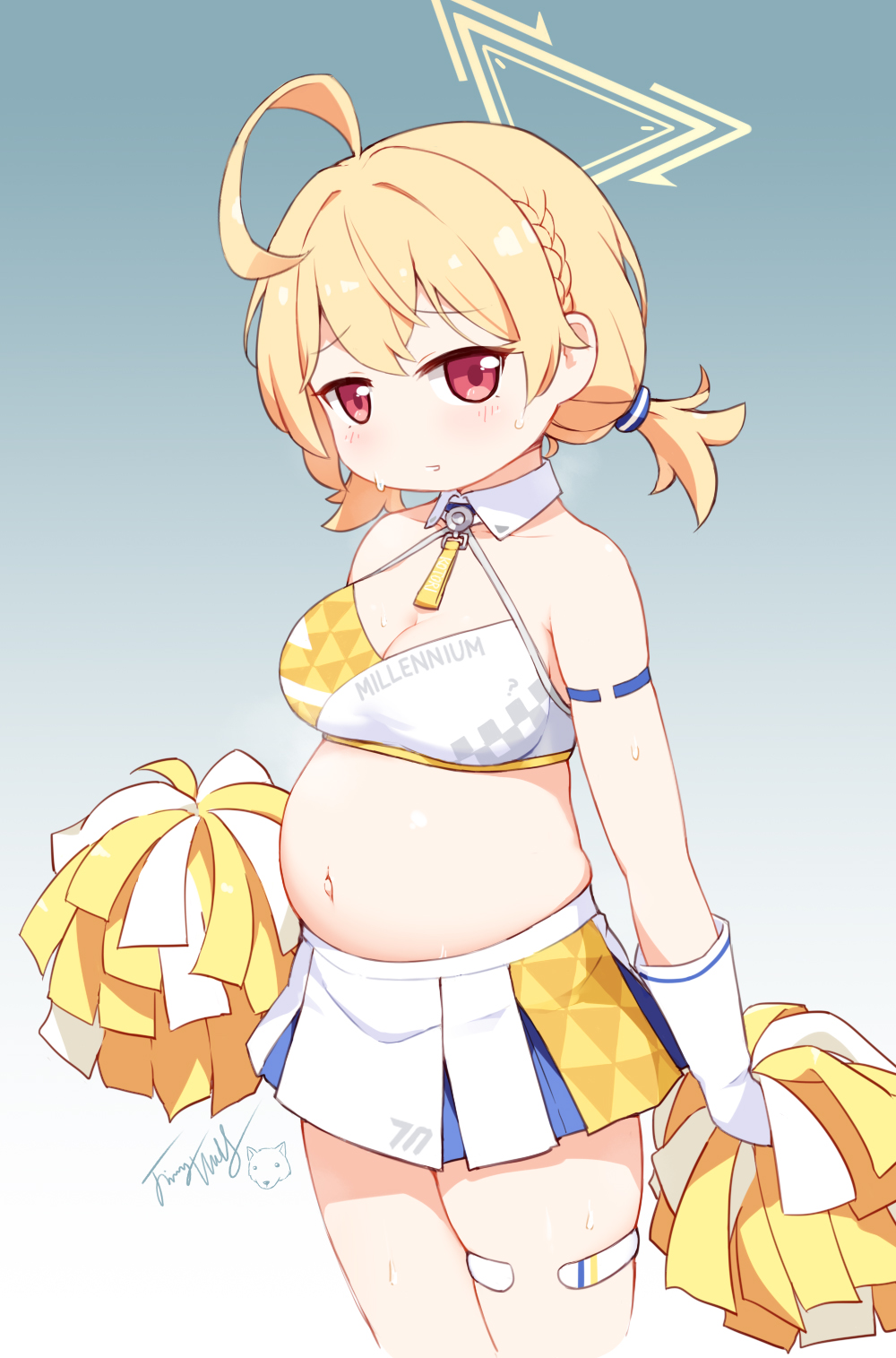1girl ? ahoge armlet blonde_hair blue_archive blue_background blue_skirt blush braid breasts character_name cheerleader cleavage collarbone commentary_request cowboy_shot cropped_legs gloves gradient_background hair_between_eyes halo head_tilt highres holding kotori_(blue_archive) kotori_(cheer_squad)_(blue_archive) langbazi long_hair looking_at_viewer medium_breasts millennium_cheerleader_outfit_(blue_archive) muffin_top navel outie_navel parted_lips pleated_skirt pom_pom_(cheerleading) pregnant red_eyes revision short_twintails signature simple_background skirt solo sweat thighlet twintails white_gloves white_skirt wing_collar yellow_halo yellow_skirt