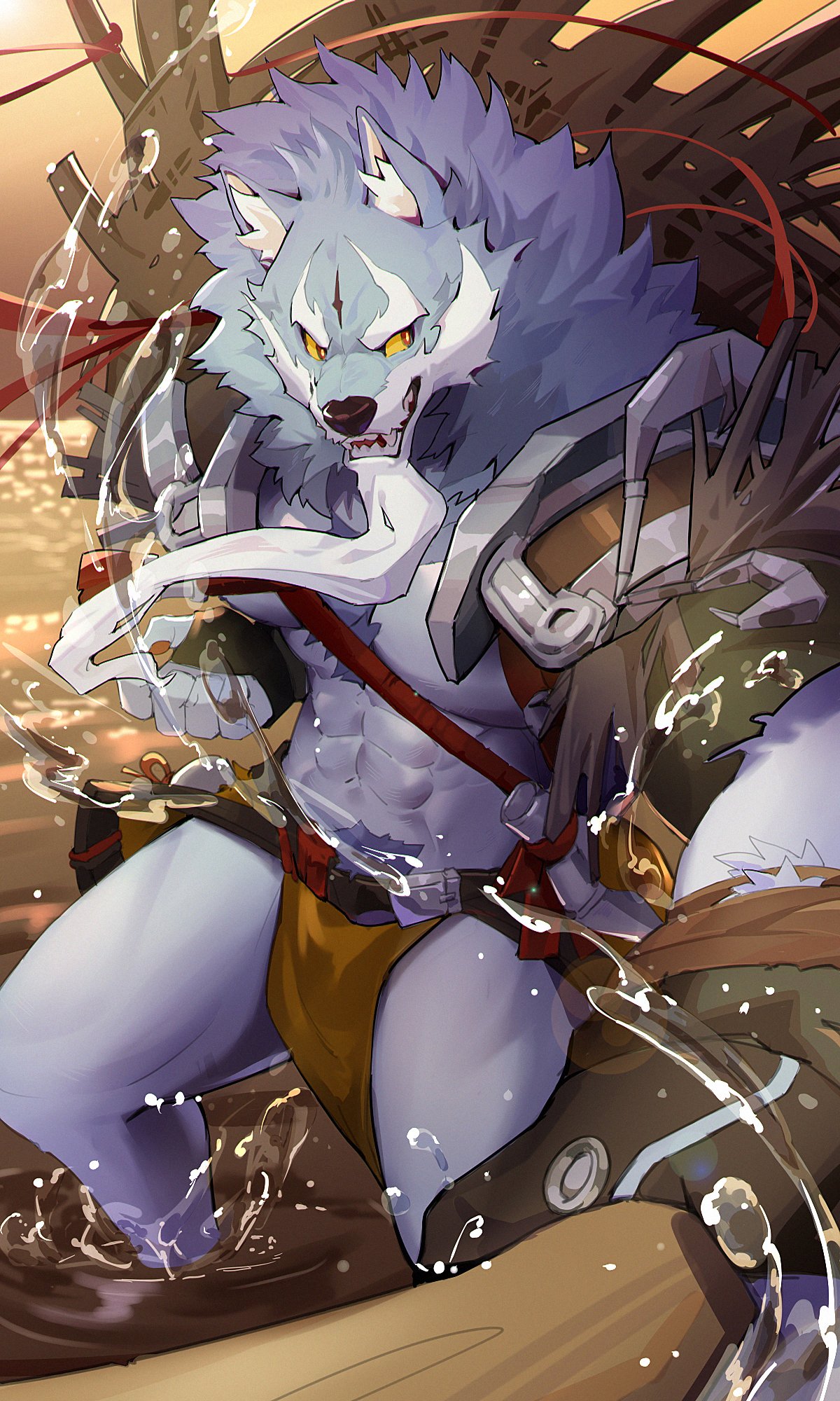 1boy abs animal_ears bara english_commentary facial_hair fangs fingerless_gloves furry furry_male gloves goatee highres in_water law_(sdorica) loincloth male_focus open_mouth pawpads pectorals red_eyes relax_lion sdorica shallow_water smile wading water wolf_boy wolf_ears yellow_eyes