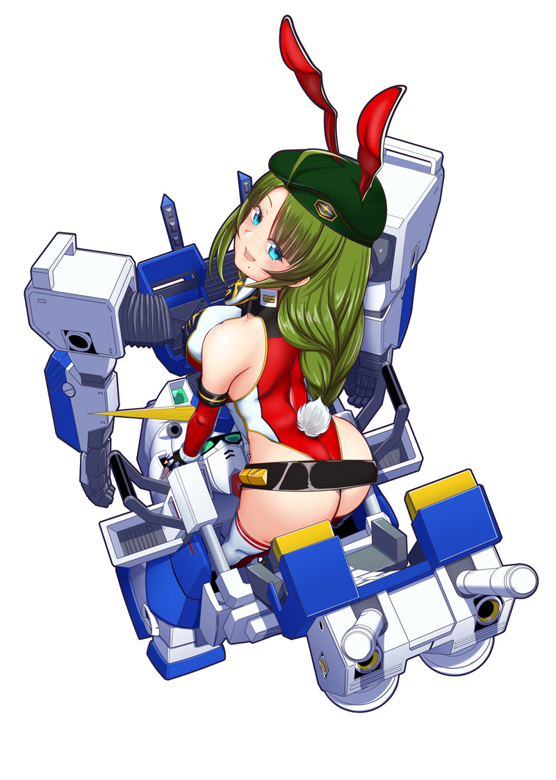 1girl adapted_costume ahoge beam_saber beret blue_eyes braid breasts christina_mackenzie green_hair gundam gundam_0080 gundam_alex hat kantai_collection long_hair looking_at_viewer looking_back mecha mecha_musume mobile_suit moke_ro mole mole_under_mouth playboy_bunny power_suit robot science_fiction single_braid smile yuugumo_(kancolle)