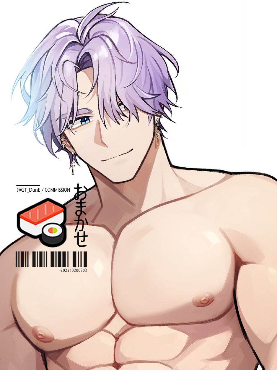 1boy abs barcode blue_eyes closed_mouth ear_piercing earrings food gt_dune hair_over_one_eye highres jewelry looking_at_viewer male_focus mole mole_under_eye muscular muscular_male nipples nude original parted_bangs pectorals piercing purple_hair short_hair simple_background smile solo sushi twitter_username white_background