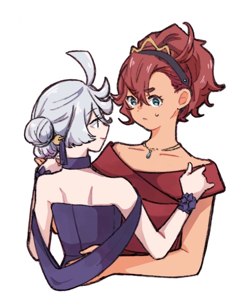 2girls ahoge bare_shoulders black_hairband blue_choker blue_dres blue_eyes choker dancing dress formal grey_hair gundam gundam_suisei_no_majo hair_between_eyes hair_ornament hair_up hairband hairpin hand_on_another's_back holding_hands jewelry looking_at_another miorine_rembran multiple_girls necklace nervous official_alternate_costume official_alternate_hairstyle red_dress red_hair suletta_mercury sweatdrop tiara upper_body vt104k white_background