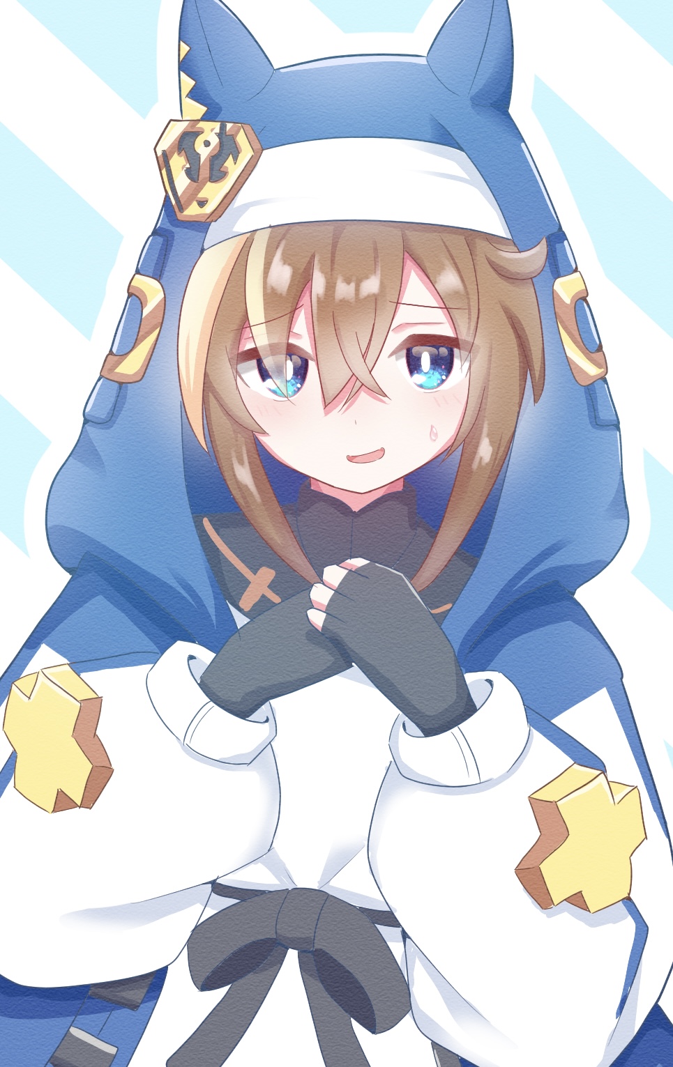 1boy 2nisikoyn animal_ears aqua_eyes black_gloves blush bridget_(guilty_gear) bridget_(guilty_gear)_(cosplay) cheval_grand_(umamusume) cosplay fingerless_gloves genderswap genderswap_(ftm) gloves guilty_gear guilty_gear_strive habit hair_between_eyes highres hood hood_up hooded_jacket hoodie horse_ears jacket light_brown_hair long_sleeves looking_at_viewer male_focus medium_hair open_clothes open_hoodie open_mouth otoko_no_ko puffy_long_sleeves puffy_sleeves umamusume