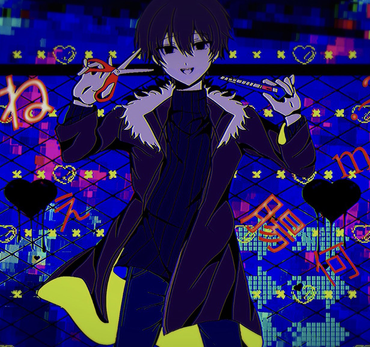 1boy black_hair black_jacket black_shirt black_sweater blue_background boxcutter censored fur-trimmed_jacket fur_trim gate holding holding_scissors jacket looking_at_viewer male_focus mosaic_censoring multicolored_clothes multicolored_jacket open_mouth scissors shirt smile solo sweater translation_request tsugino_haru turtleneck world_execute yellow_jacket zeno_(game)