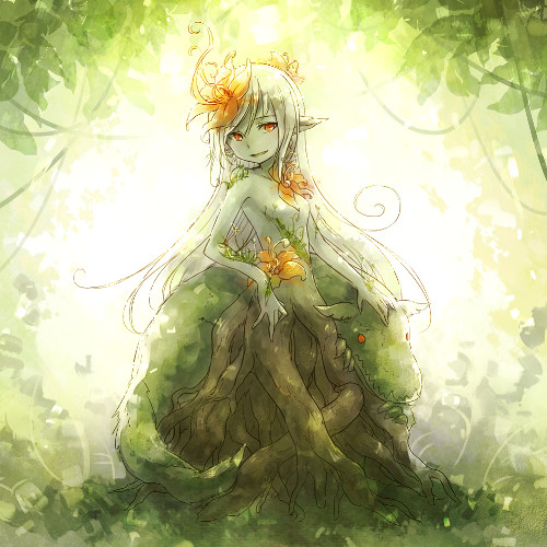 1girl aliasing breasts colored_skin commentary_request creature dated_commentary flower full_body green_background green_skin green_theme grey_hair hair_flower hair_ornament leaf light_smile long_hair looking_at_viewer lowres monster_girl orange_eyes original parted_lips petting plant_girl pointy_ears rakuni roots small_breasts solo very_long_hair