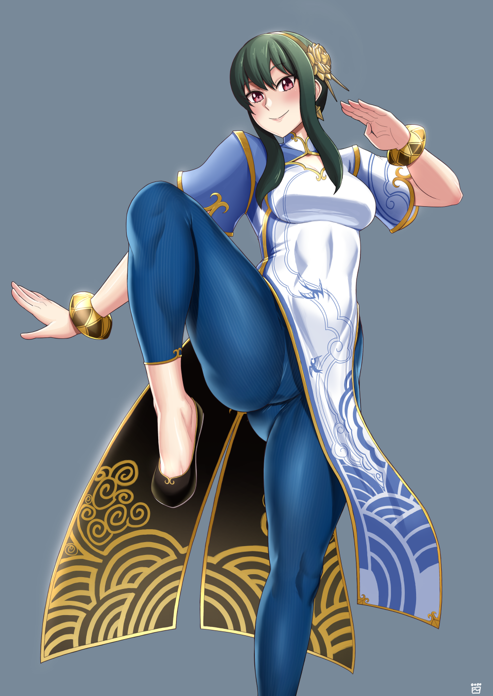 black_hair blue_pantyhose bracelet chinese_clothes chun-li chun-li_(cosplay) cosplay finalcake hairband highres jewelry leg_up looking_at_viewer pantyhose pelvic_curtain red_eyes smile spy_x_family street_fighter street_fighter_6 thick_thighs thighs yor_briar