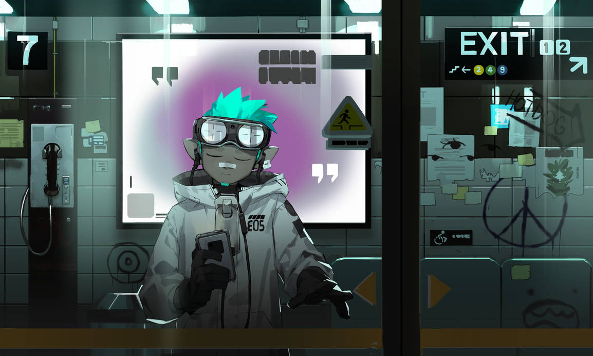 1boy arknights bandaid bandaid_on_face bandaid_on_nose blue_hair chameleon_boy closed_eyes earphones ethan_(arknights) facial_hair goatee goggles goggles_on_head graffiti holding holding_phone hood hooded_jacket in-ear_earphones jacket male_focus official_art oversized_zipper phone pointy_ears pptsy subway_station white_jacket