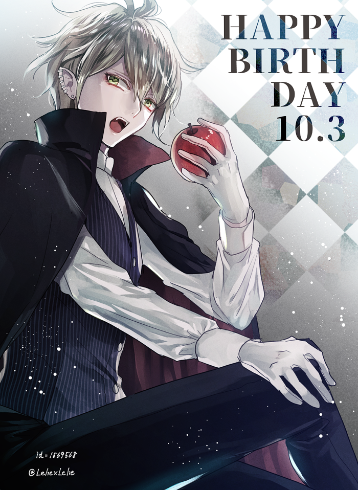 amami_rantarou apple black_cape black_pants blonde_hair cape checkered checkered_background danganronpa dated ear_piercing earrings fangs food fruit green_eyes hair_between_eyes hand_on_own_knee happy_birthday holding holding_food holding_fruit jewelry long_sleeves looking_at_viewer male_focus new_danganronpa_v3 open_mouth pants piercing shirt solo vampire white_shirt z-epto_(chat-noir86)