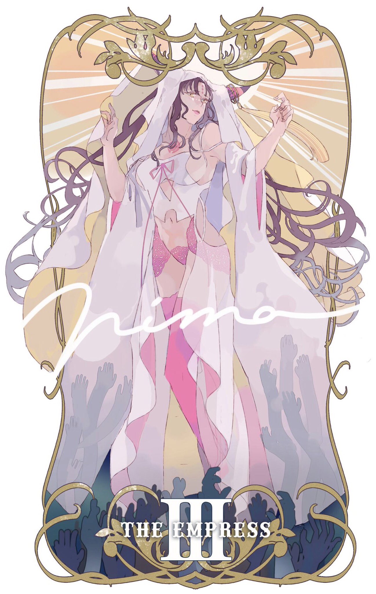 1girl artist_name black_hair boots border breasts chest_tattoo closed_mouth commentary detached_sleeves dress fate/extra fate/extra_ccc fate/grand_order fate_(series) forehead_tattoo halo hands_up highres hip_vent horn_ornament horn_ring horns large_breasts light_smile lips long_hair looking_afar masuo1992 multicolored_horns navel outside_border panties parted_bangs pink_footwear pink_horns pink_panties pink_ribbon ribbon sessyoin_kiara sideboob sidelocks solo tarot tassel tattoo the_empress_(tarot) thigh_boots underwear very_long_hair white_border white_dress white_veil wide_sleeves yellow_eyes