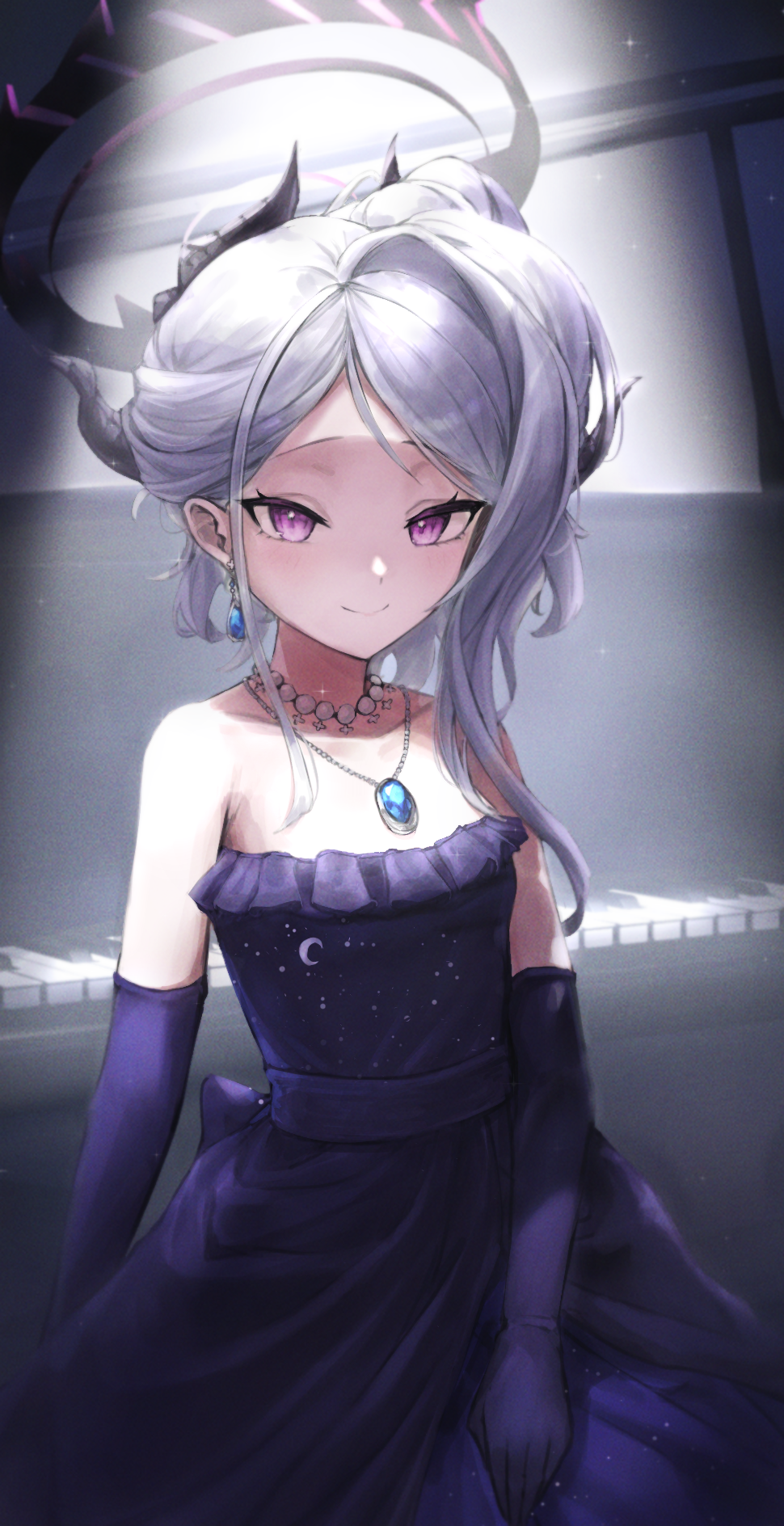 1girl bag_(chrko_bag) black_horns blue_archive blush closed_mouth collarbone commentary dangle_earrings demon_horns dress earrings elbow_gloves gloves grey_hair halo highres hina_(blue_archive) hina_(dress)_(blue_archive) horns instrument jewelry long_hair looking_at_viewer multiple_horns necklace official_alternate_costume official_alternate_hairstyle pendant piano piano_keys purple_dress purple_eyes purple_gloves smile solo strapless strapless_dress