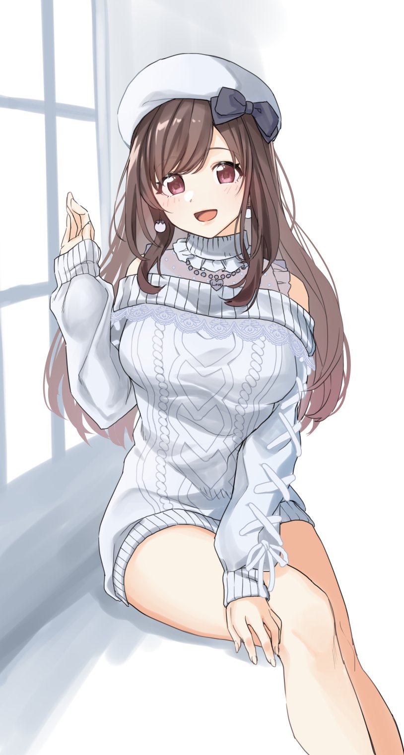 1girl bare_shoulders black_ribbon blue_sweater blush bow breasts brown_eyes brown_hair dot_nose earrings hair_bow hair_ribbon hand_up hat heart heart_necklace highres idolmaster idolmaster_shiny_colors jewelry large_breasts long_hair long_sleeves looking_at_viewer necklace open_mouth pekoni_(peconi) polka_dot ribbon see-through sitting smile solo sweater swept_bangs tsukioka_kogane white_background white_headwear window