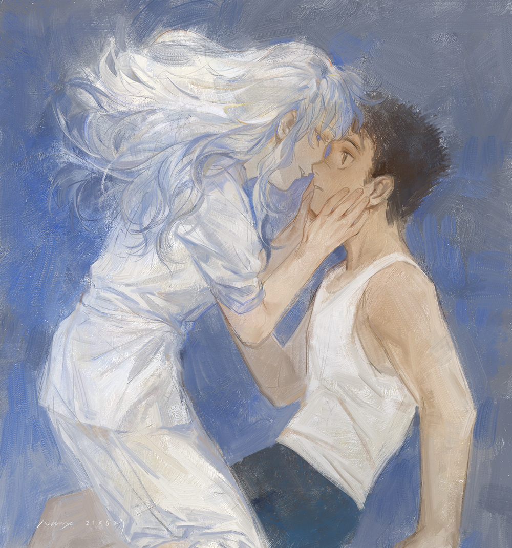 2boys aged_down berserk black_hair blue_background blue_eyes blue_shorts child dated eye_contact face-to-face floating_hair from_side griffith_(berserk) guts_(berserk) hand_up hands_on_own_cheeks hands_on_own_face hands_up imminent_kiss long_hair looking_at_another male_focus multiple_boys naux pants parted_lips profile sash scar scar_on_face scar_on_nose shirt short_hair shorts signature sitting sleeveless spiked_hair tank_top white_hair white_pants white_shirt white_tank_top yaoi