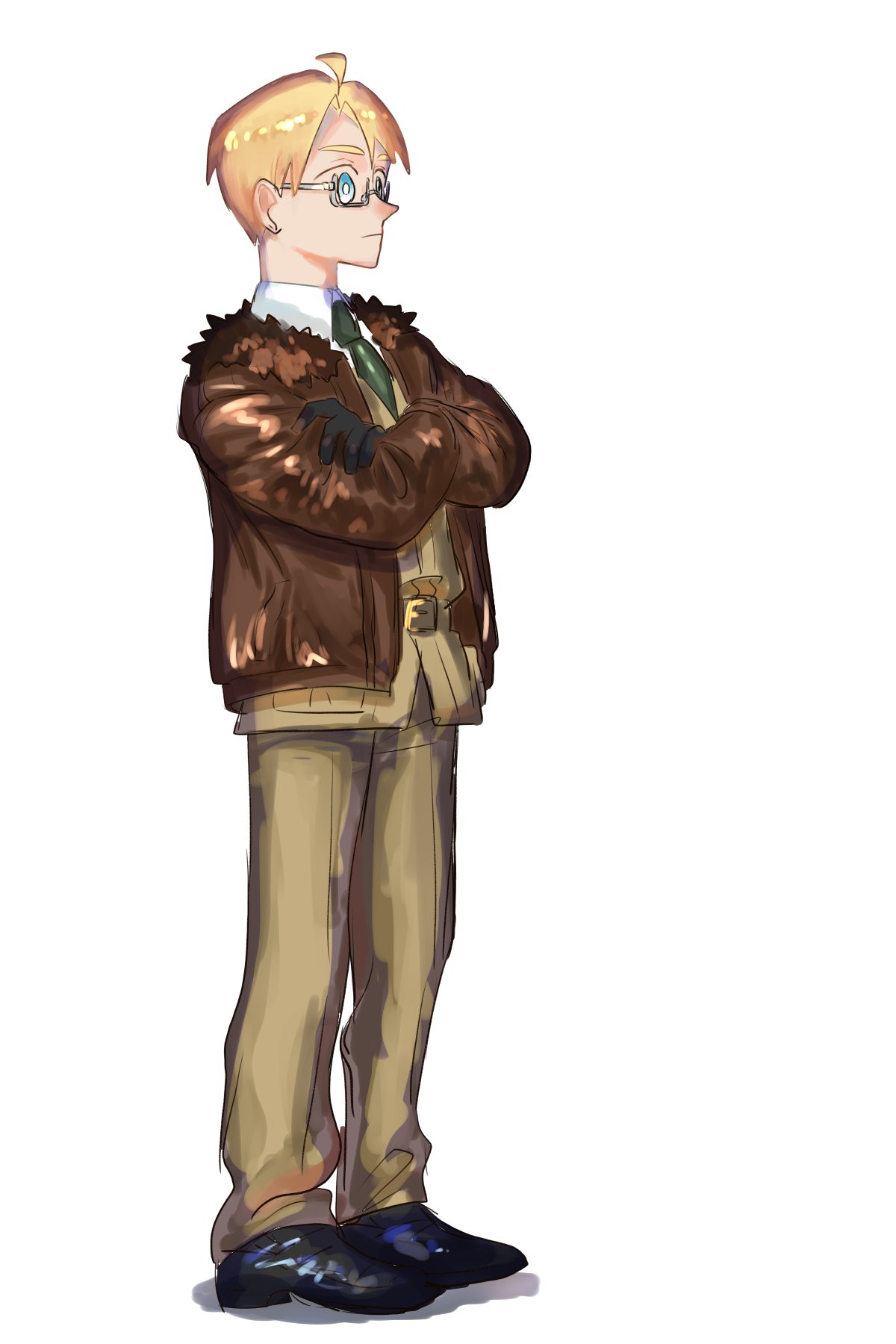 1boy ahoge america_(hetalia) axis_powers_hetalia black_footwear black_gloves blonde_hair blue_eyes bomber_jacket brown_jacket brown_pants closed_mouth collared_shirt crossed_arms expressionless from_side full_body fur-trimmed_jacket fur_trim glasses gloves green_necktie highres jacket long_sleeves looking_ahead male_focus military_jacket military_uniform nata_shelf necktie open_clothes open_jacket pants profile shirt shoes short_hair simple_background solo standing uniform white_background white_shirt