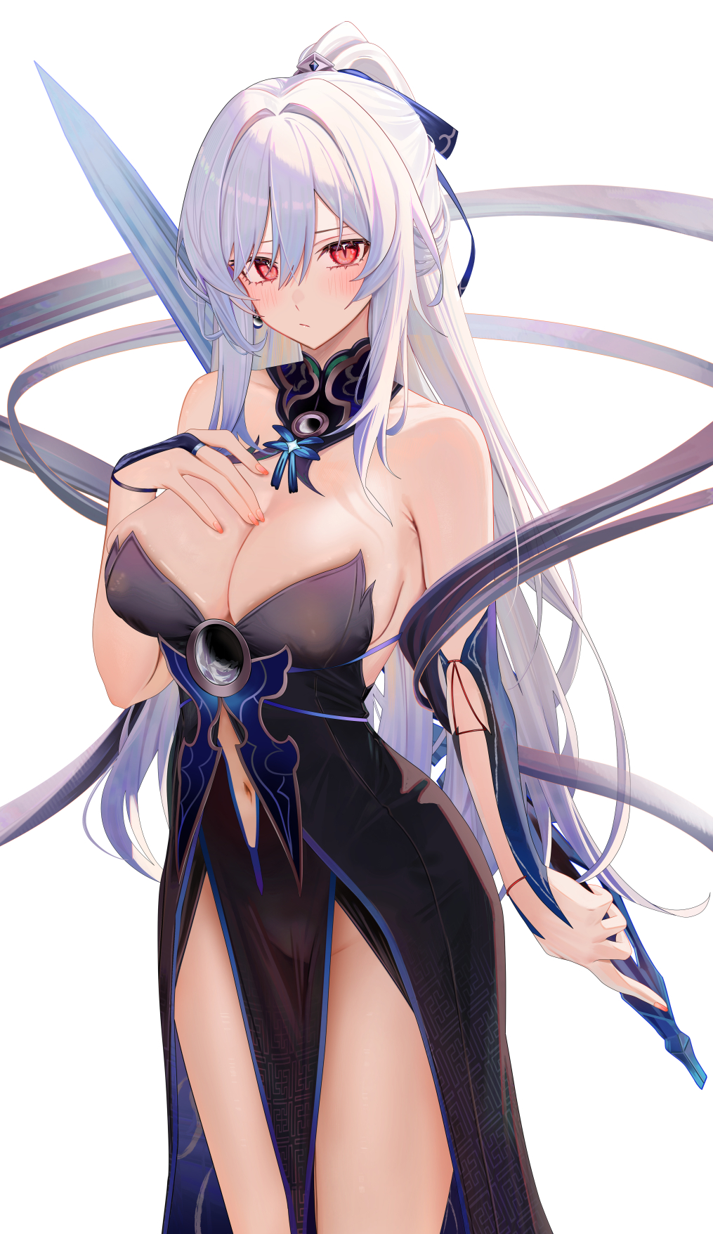 1girl alternate_costume bare_shoulders black_dress blush breasts bridal_gauntlets cleavage closed_mouth clothing_cutout collarbone dress hair_ornament hand_on_own_chest highres honkai:_star_rail honkai_(series) jingliu_(honkai:_star_rail) long_hair looking_at_viewer navel navel_cutout ponytail red_eyes ru_zhai simple_background solo standing thighs white_background white_hair