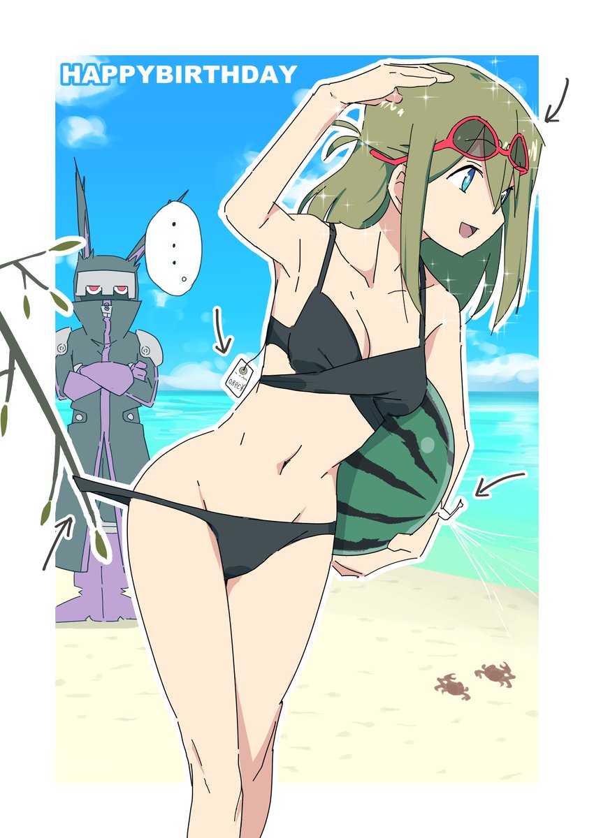... 1girl 1other :d animal_ears arm_up ball bare_arms bare_shoulders beachball beluga445 bikini black_bikini blue_eyes boots borrowed_character breasts carrying carrying_under_arm commentary_request crossed_arms failure glasses gloves green_hair groin happy_birthday highres long_hair master_(muu) navel original purple_footwear purple_gloves rabbit_ears red-framed_eyewear red_eyes small_breasts smile solo_focus spoken_ellipsis swimsuit wardrobe_malfunction water yunomiya_agari