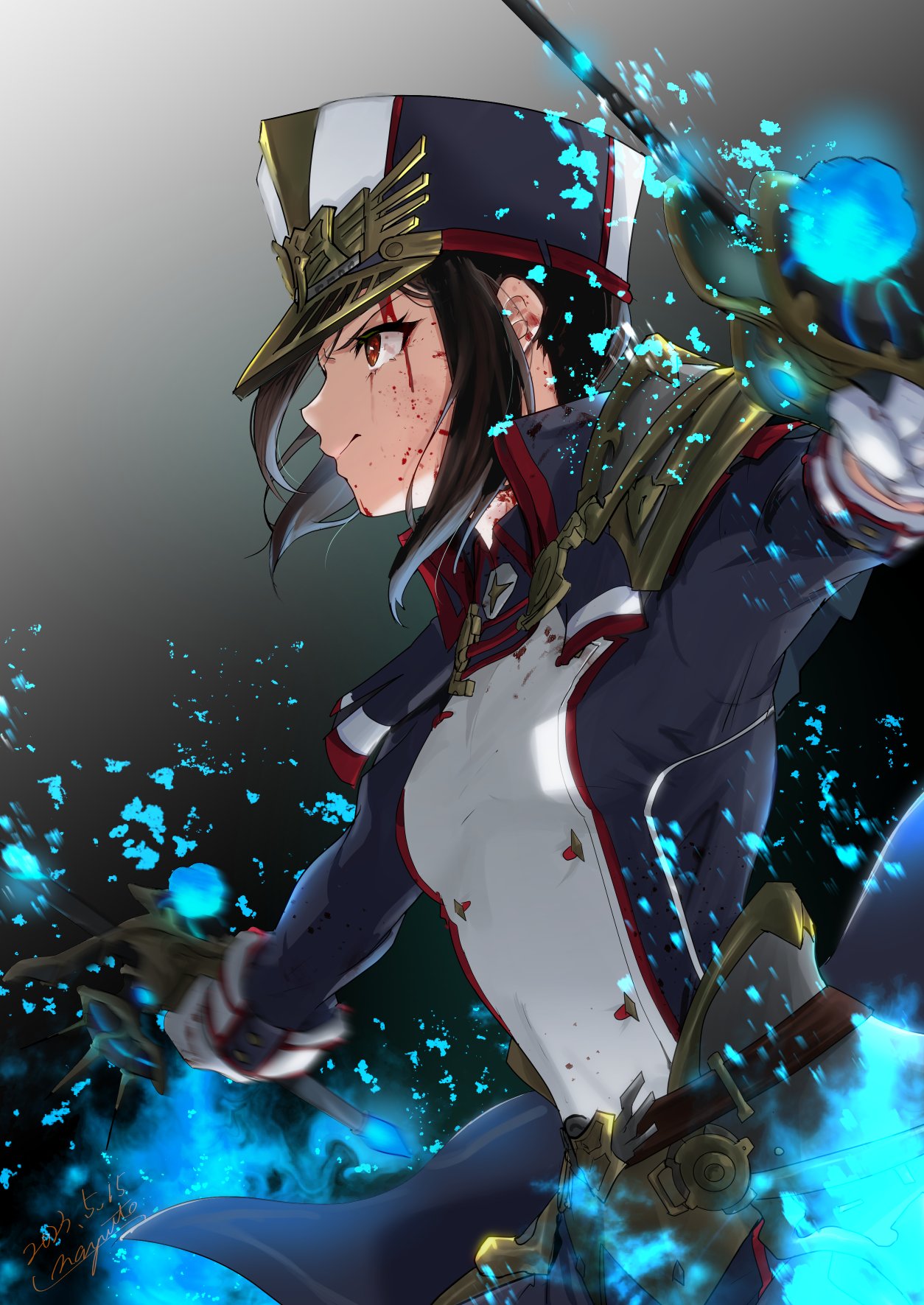 1girl black_hair black_headwear black_jacket blood blood_on_face breasts closed_mouth commentary_request dated dual_wielding from_side gloves gradient_background grey_background hat highres holding holding_sword holding_weapon jacket long_hair long_sleeves morag_ladair_(xenoblade) nayuta-kanata peaked_cap profile red_eyes signature small_breasts solo sword v-shaped_eyebrows weapon white_gloves xenoblade_chronicles_(series) xenoblade_chronicles_2