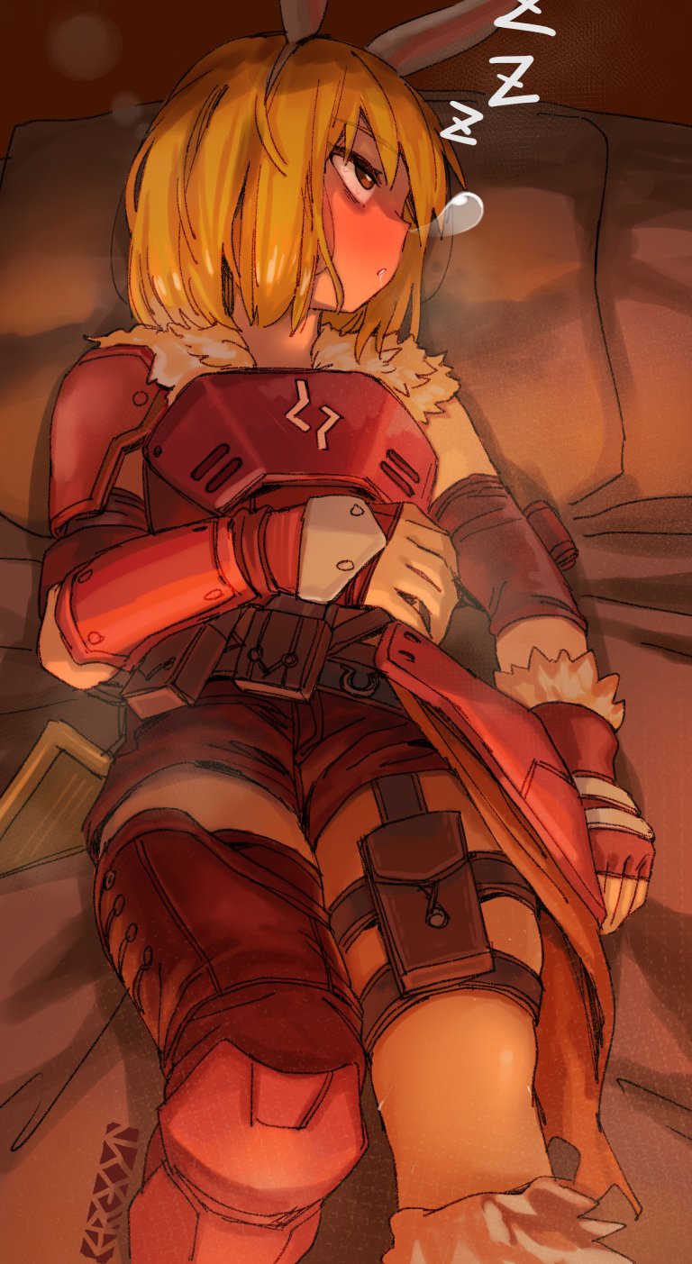 1girl animal_ears armor bed blonde_hair bloodshot_eyes breastplate brown_eyes character_request english_commentary ergot fake_animal_ears fur_trim highres lying nose_bubble on_back on_bed palworld parted_lips pillow protagonist_(palworld) rabbit_ears red_shorts short_hair shorts signature single_thighhigh sleeping sleeping_with_eyes_open solo thigh_pouch thigh_strap thighhighs zzz