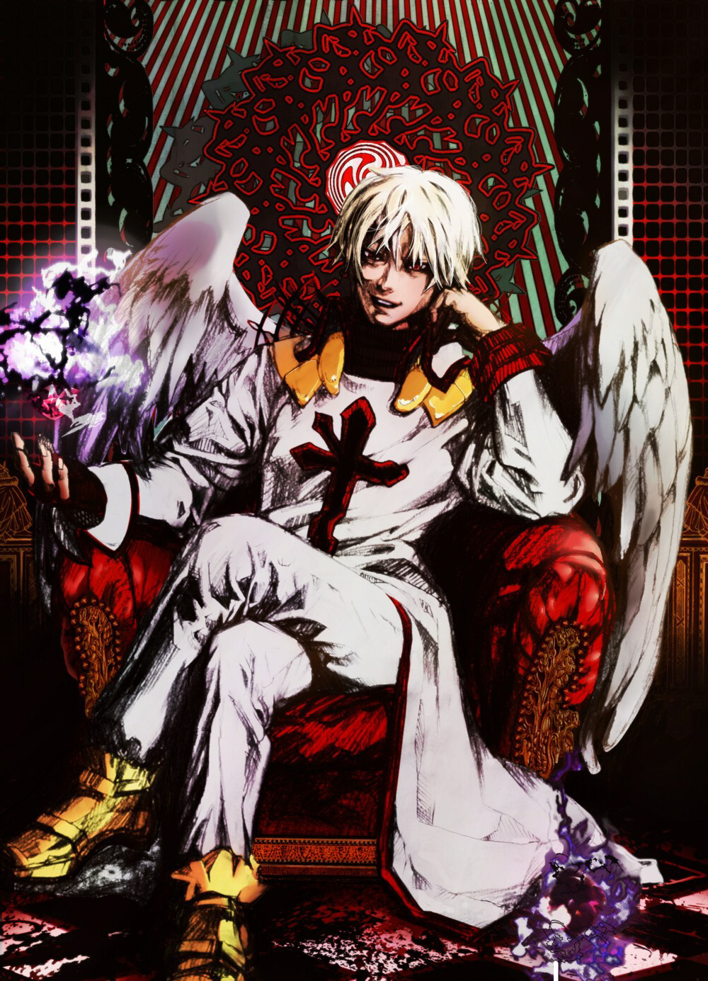 1boy angel_wings archangel_(baroque) baroque_(series) blonde_hair chair checkered_floor cross_print crossed_legs disdain fire full_body graphite_(medium) grimace hand_up highres karin_(mashroom_panda) large_wings looking_at_viewer magic male_focus pants purple_fire red_eyes robe short_hair sitting smile solo traditional_media white_pants white_robe white_wings wings yellow_footwear