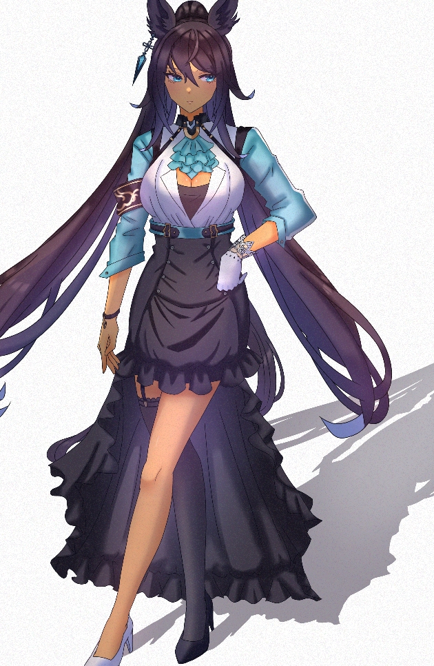 1girl animal_ears aqua_ascot ascot asymmetrical_footwear black_dress black_footwear black_hair blue_eyes breasts cleavage closed_mouth commentary_request cosplay cropped_jacket dark-skinned_female dark_skin dress earrings frilled_dress frills full_body gloves hair_between_eyes hand_on_own_hip high_heels horse_ears horse_girl horse_tail jewelry large_breasts long_hair long_sleeves mejiro_ramonu_(umamusume) mejiro_ramonu_(umamusume)_(cosplay) mejiro_ryan_(umamusume) mismatched_footwear ponytail remi-yuka-taimama shadow simple_background single_earring single_glove single_thighhigh solo symboli_kris_s_(umamusume) tail thighhighs umamusume very_long_hair white_background white_footwear white_gloves