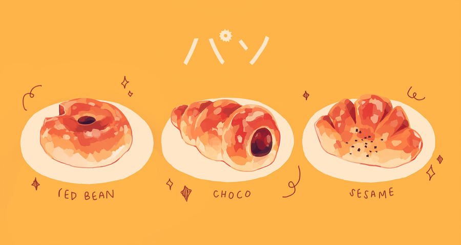 bread commentary croissant english_commentary english_text food food_focus mixed-language_text no_humans original plate red_bean_paste sesame_seeds simple_background sparkle steff_(playground1997) yellow_background