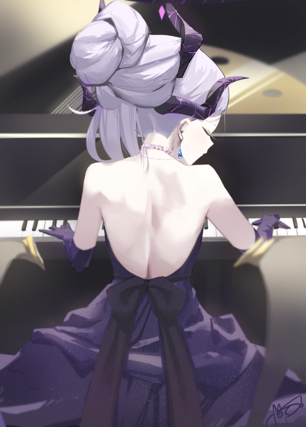 1girl black_horns black_wings blue_archive closed_eyes dan_nako demon_horns demon_wings dress from_behind gloves grey_hair halo highres hina_(blue_archive) hina_(dress)_(blue_archive) horns instrument long_hair multiple_horns music official_alternate_costume piano piano_keys playing_instrument playing_piano purple_dress purple_gloves signature solo wings