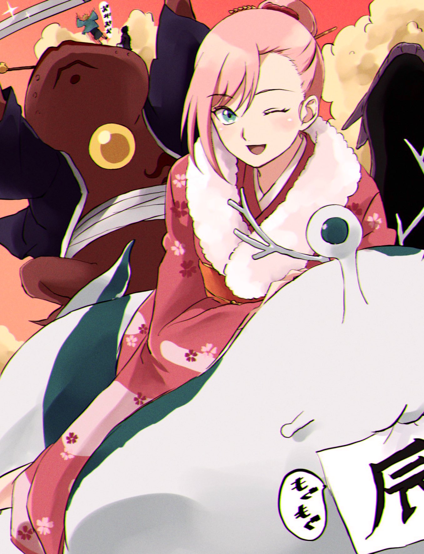 1girl 2boys ;d alternate_costume antlers aqua_eyes asymmetrical_bangs christmas colored_skin falling floral_print fur-trimmed_kilt gamabunta_(naruto) hair_ornament happi haruno_sakura highres horns japanese_clothes kanzashi katsuyu_(naruto) kimono looking_at_viewer manda_(naruto) multiple_boys naruto_(series) naruto_shippuuden one_eye_closed open_mouth orange_background pink_hair pink_kimono purple_skin reindeer_antlers riding sarashi slug smile snake solo_focus toad_(animal) topknot uchiha_sasuke uzumaki_naruto waving_arms when_you_see_it yuasa_(giasssl)