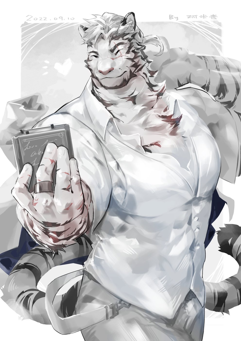 1boy animal_ears arknights artist_name artmichinglion bara book chinese_commentary closed_eyes commentary_request cross_scar dated facing_viewer furry furry_male heart highres holding holding_book male_focus mountain_(arknights) mountain_(book_reader)_(arknights) multiple_scars muscular muscular_male official_alternate_costume pants pectoral_cleavage pectorals scar scar_across_eye scar_on_arm scar_on_cheek scar_on_face shirt tail tiger_boy tiger_ears tiger_stripes tiger_tail white_pants white_shirt